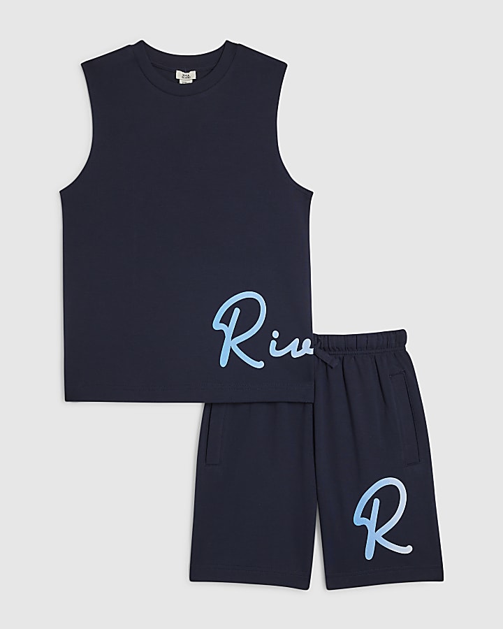 Boys Navy RI Branded Vest & Short Set