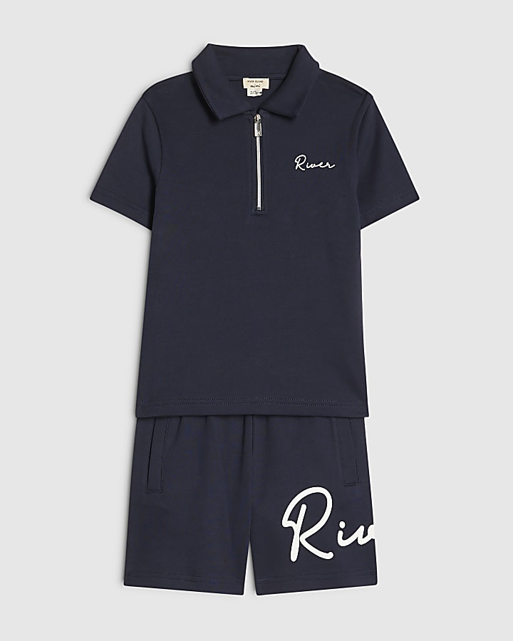 Mini Boys Navy RI Polo Shirt And Shorts Set