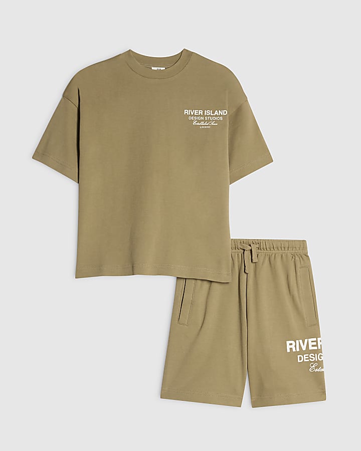 Boys Khaki RI Branded T-Shirt And Shorts Set