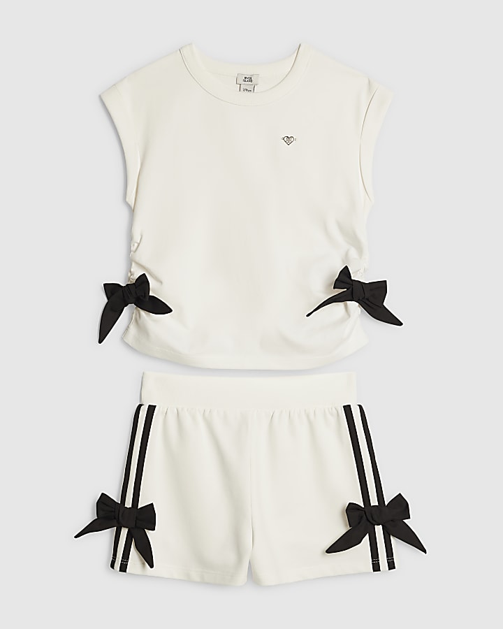 Girls White Bow Tank Top And Shorts Set