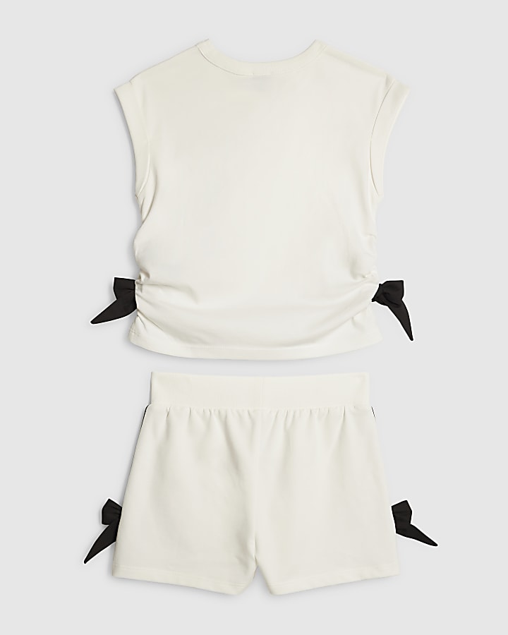Girls White Bow Tank Top And Shorts Set
