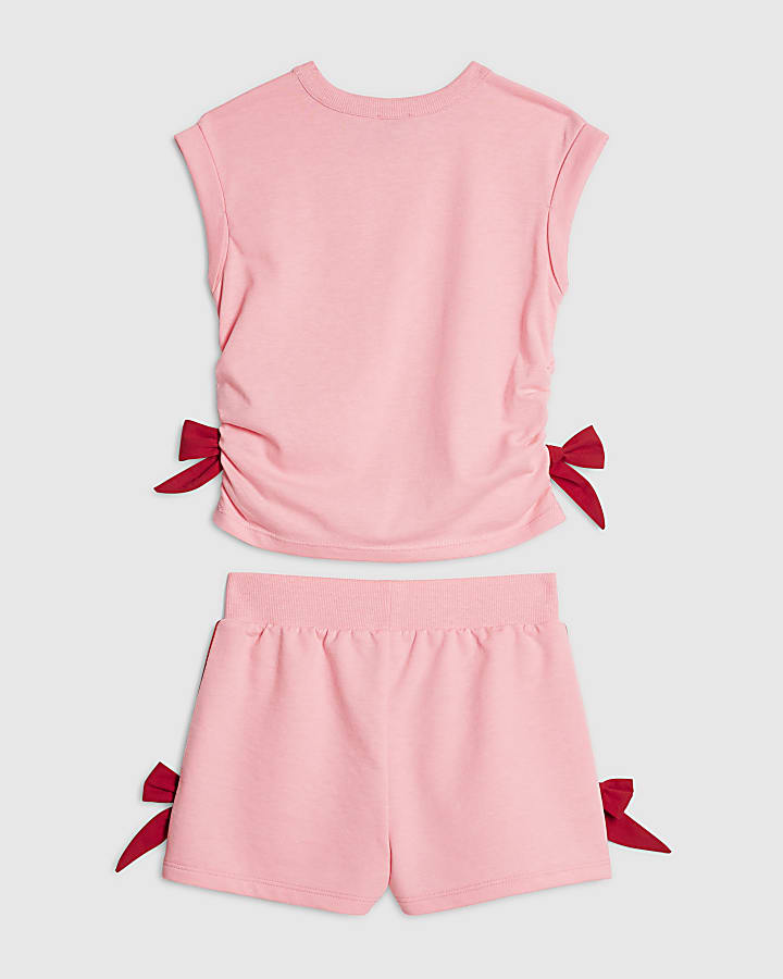 Girls Pink Bow Tank Top And Shorts Set