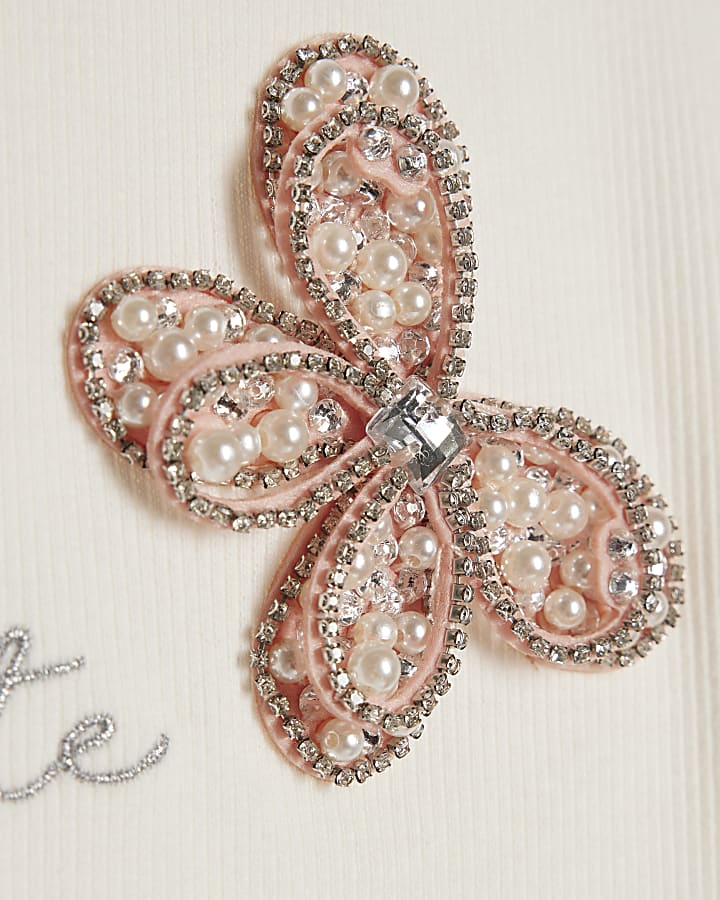 Girls White Ribbed Butterfly Trim T-Shirt