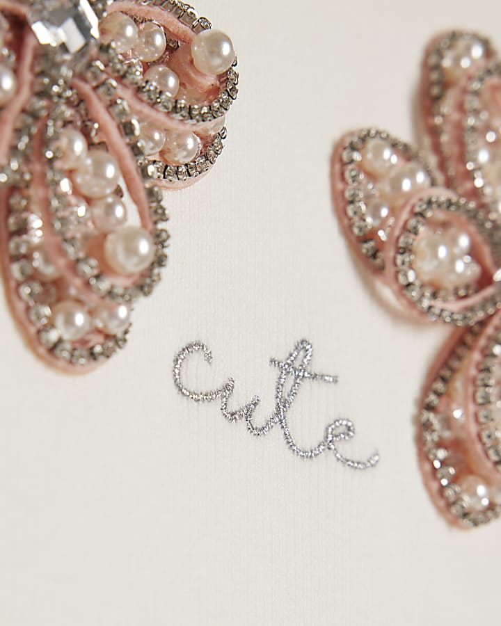 Girls White Ribbed Butterfly Trim T-Shirt