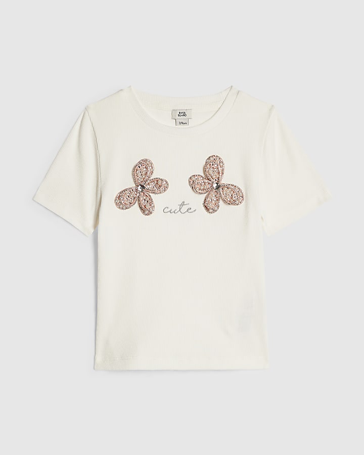 Girls White Ribbed Butterfly Trim T-Shirt