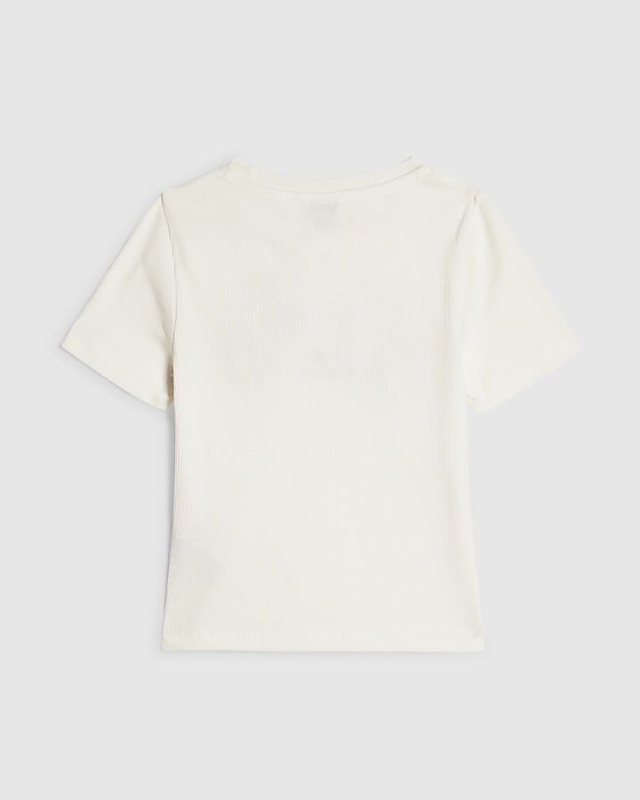 Girls White Ribbed Butterfly Trim T-Shirt