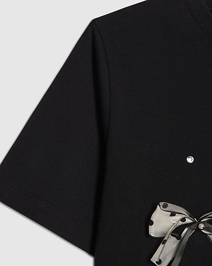 Girls Black Bow Charm T-Shirt