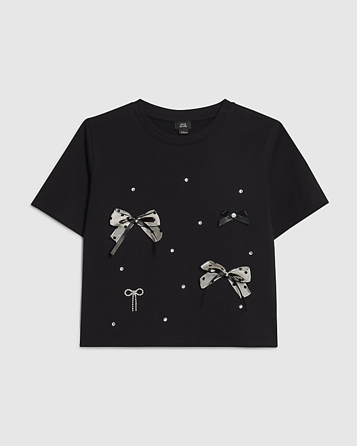 Girls Black Bow Charm T-Shirt