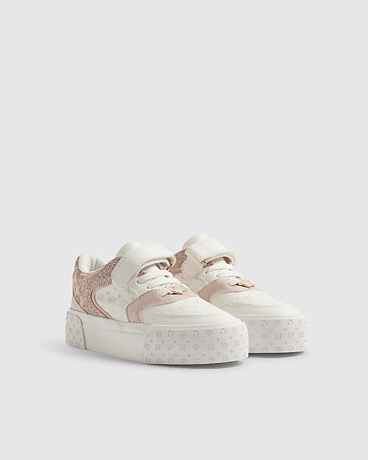 Girls White Monogram Glitter Trainers