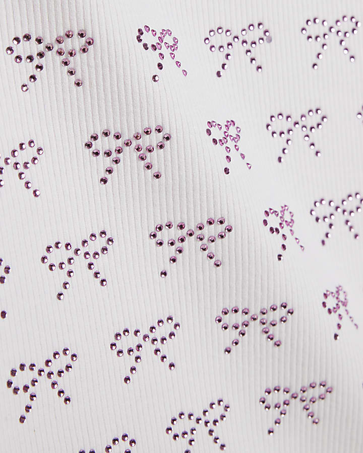 Girls White Bow Diamante T-Shirt