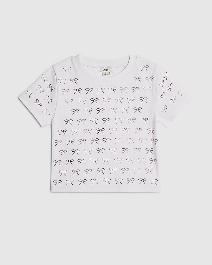 Girls White Bow Diamante T-Shirt