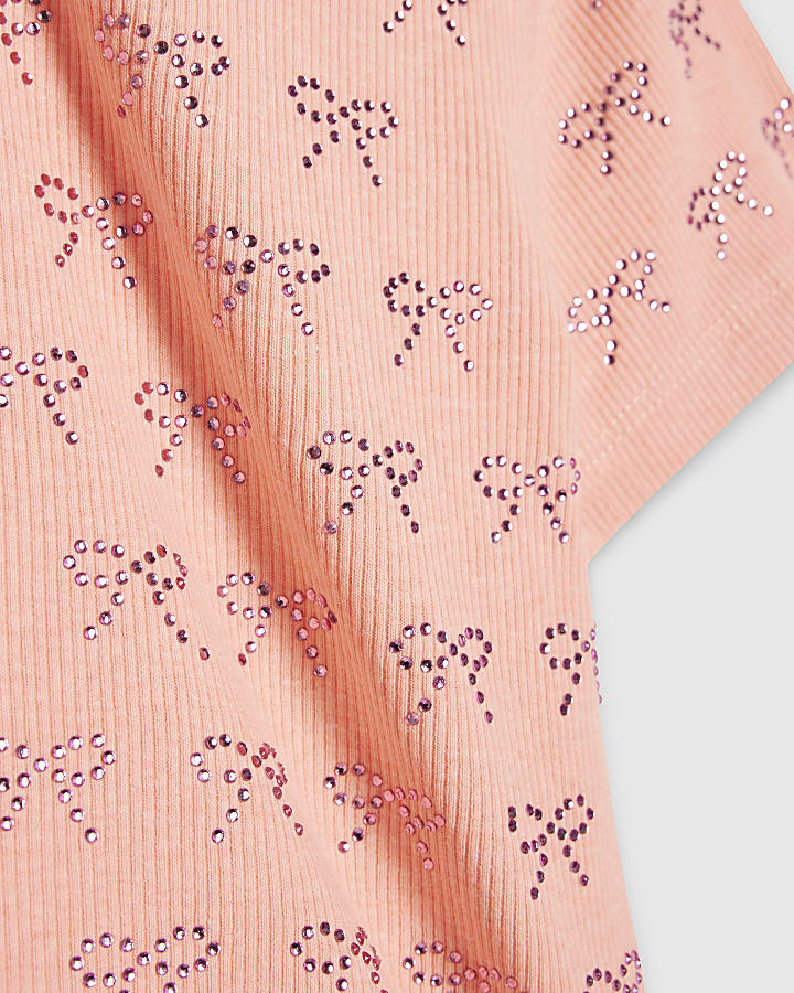 Girls Coral Bow Diamante T-Shirt
