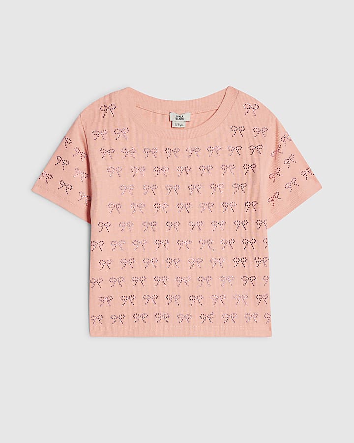 Girls Coral Bow Diamante T-Shirt