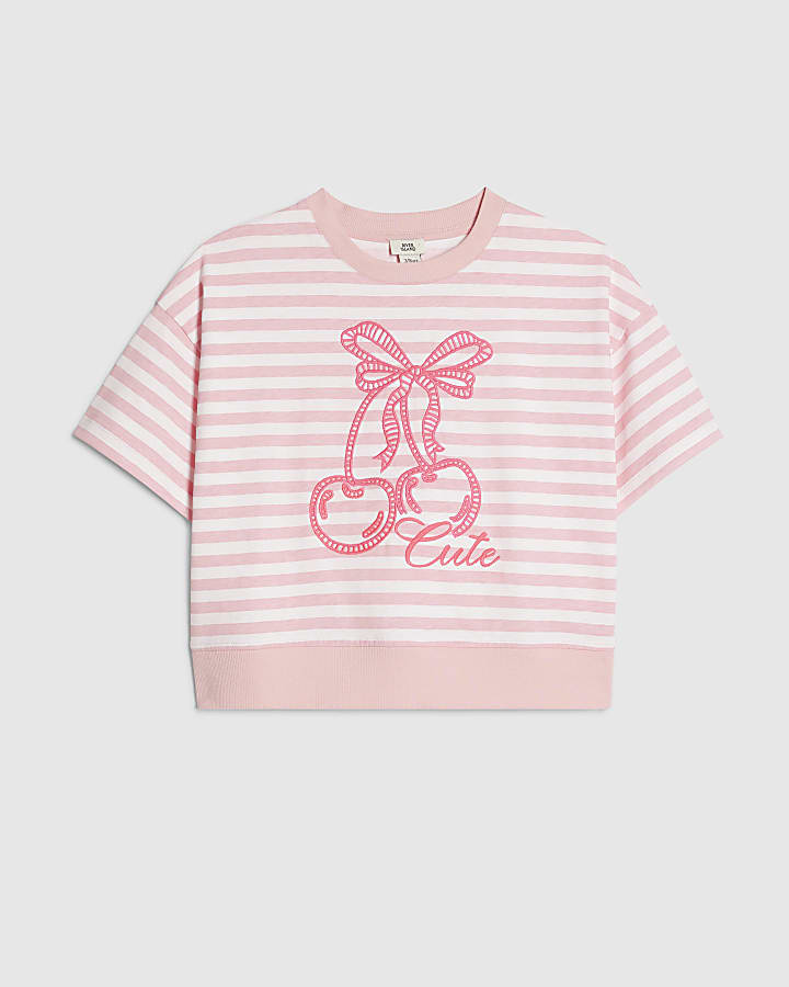 Girls Pink Stripe Cherry Bow T-Shirt
