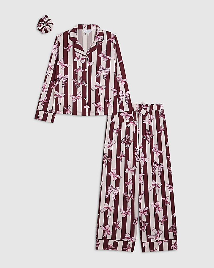 Girls Red Bow Button Through Bow Pyjamas Set