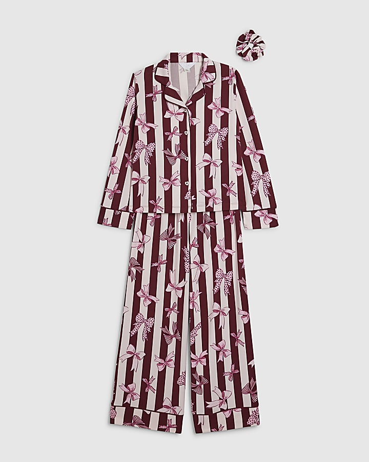 Girls Red Bow Button Through Bow Pyjamas Set