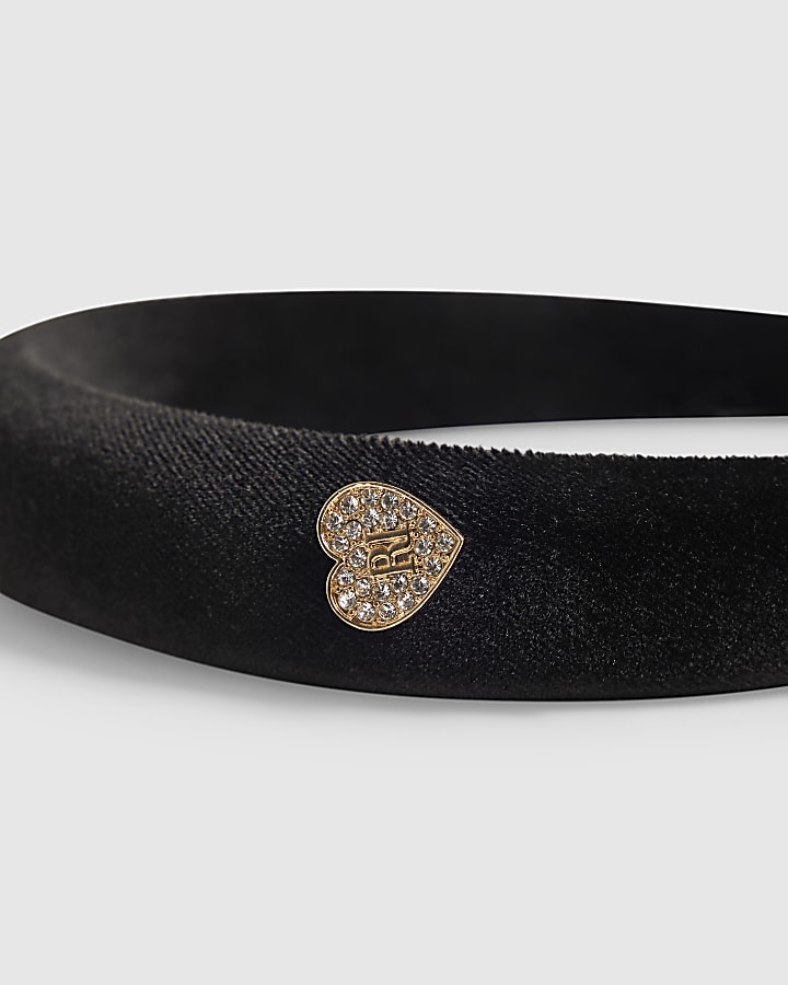 Girls Black Velvet Diamante Heart Headband
