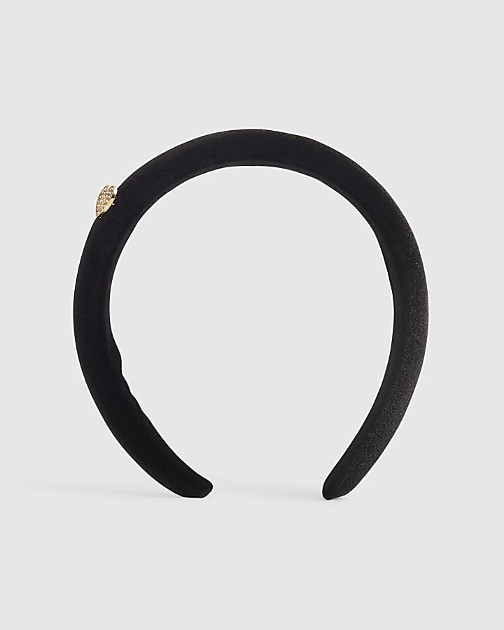 Girls Black Velvet Diamante Heart Headband