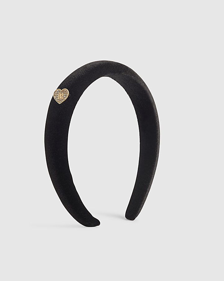 Girls Black Velvet Diamante Heart Headband