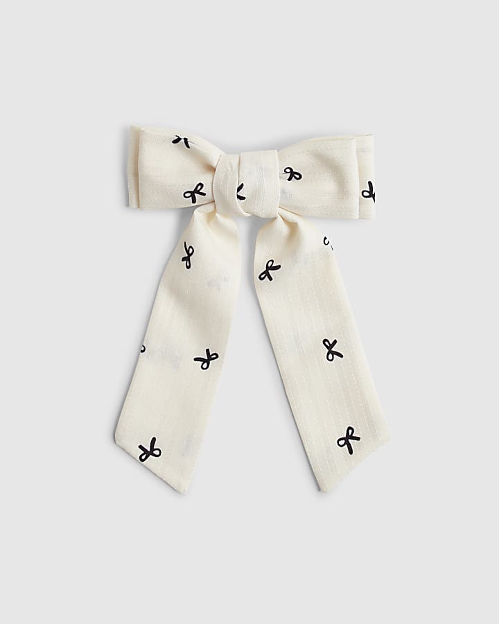 Girls White Bow Printed Hair Bow