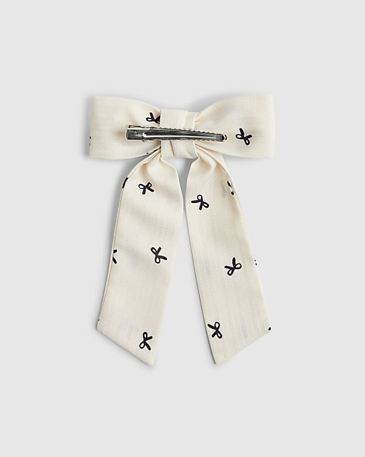 Girls White Bow Printed Hair Bow
