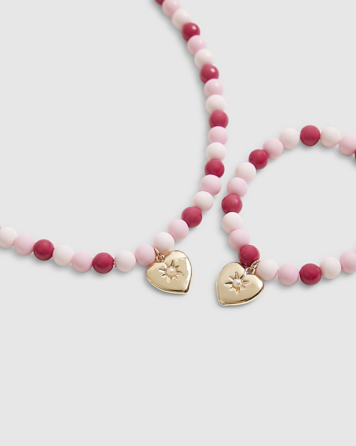 Girls Pink Beaded Heart Necklace Set