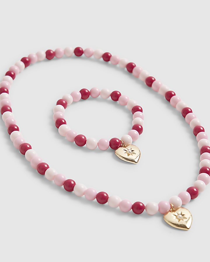 Girls Pink Beaded Heart Necklace Set