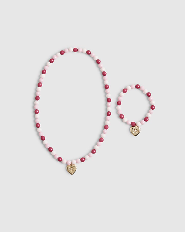 Girls Pink Beaded Heart Necklace Set