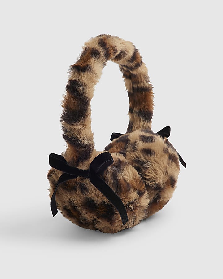Girls Brown Leopard Print Bow Earmuffs