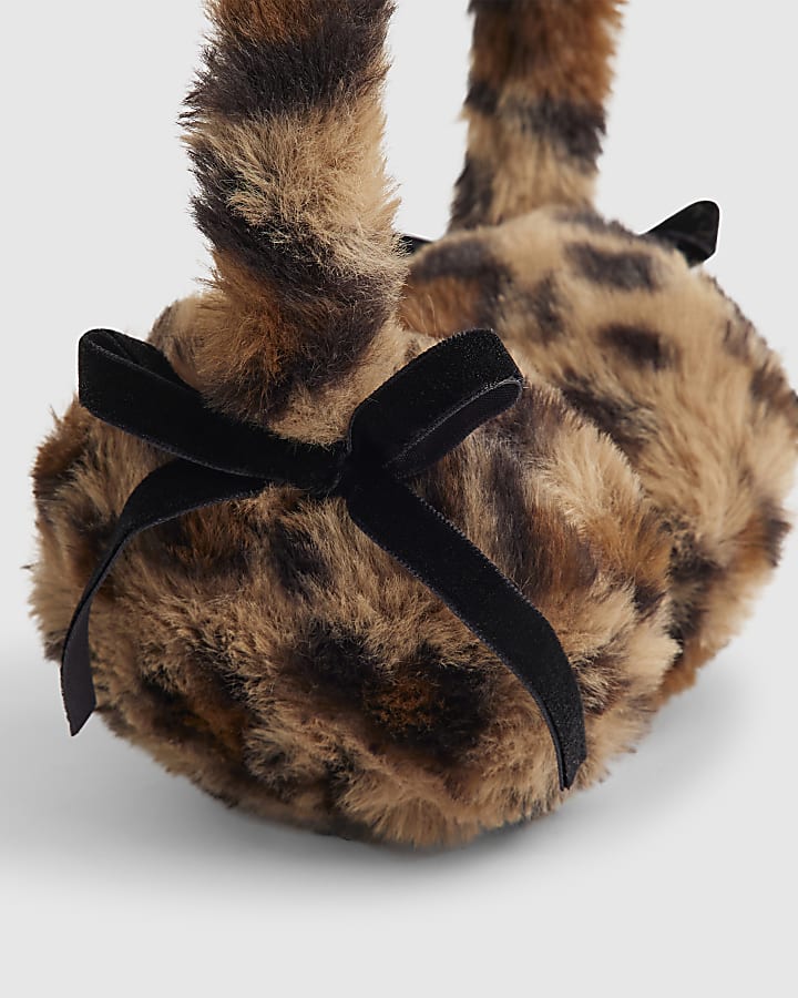 Girls Brown Leopard Print Bow Earmuffs