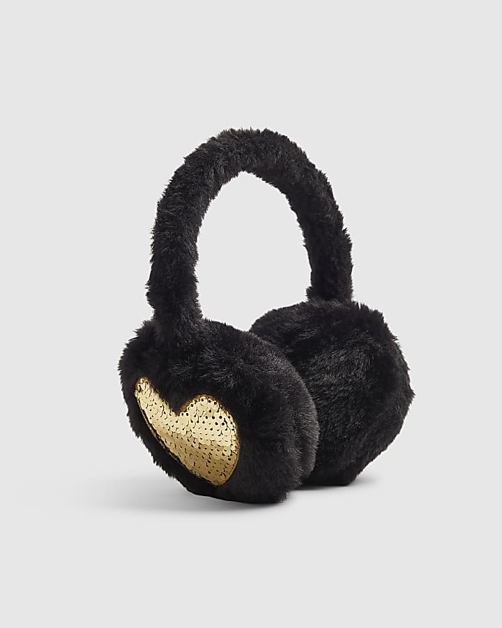 Girls Black Faux Fur Glitter Heart Earmuffs