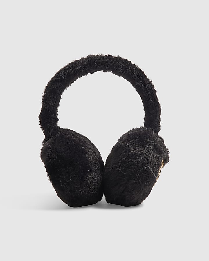 Girls Black Faux Fur Glitter Heart Earmuffs