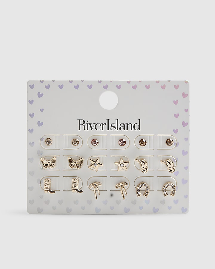 Girls Gold Rodeo Stud Earrings Pack of 9