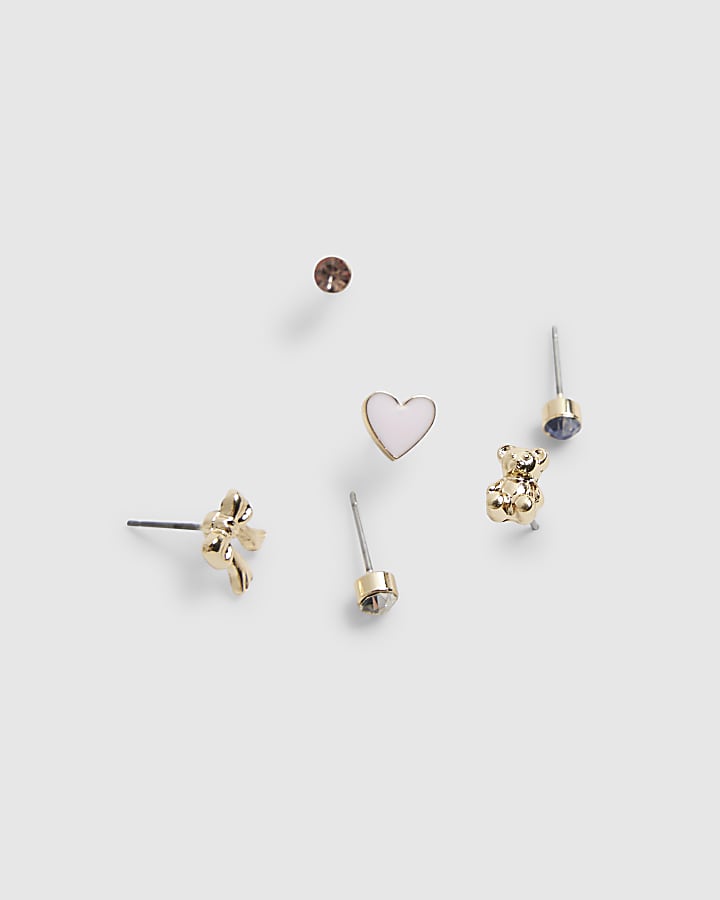 Girls Gold Heart Stud Earrings Pack of 6
