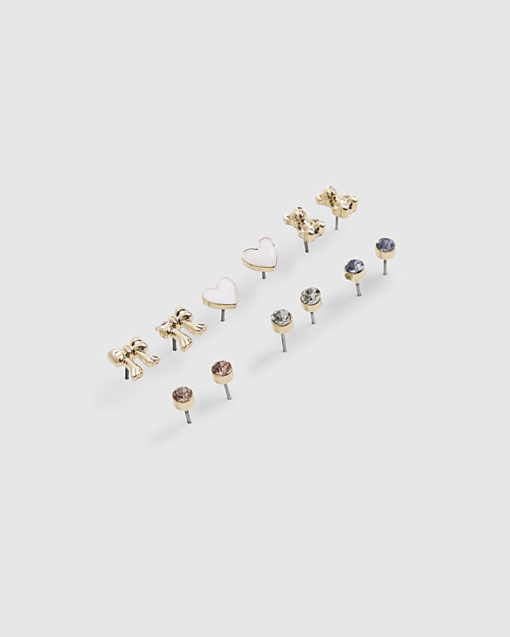 Girls Gold Heart Stud Earrings Pack of 6