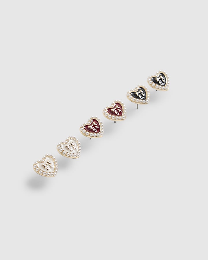 Girls Red Heart Bow Stud Earrings Pack of 3