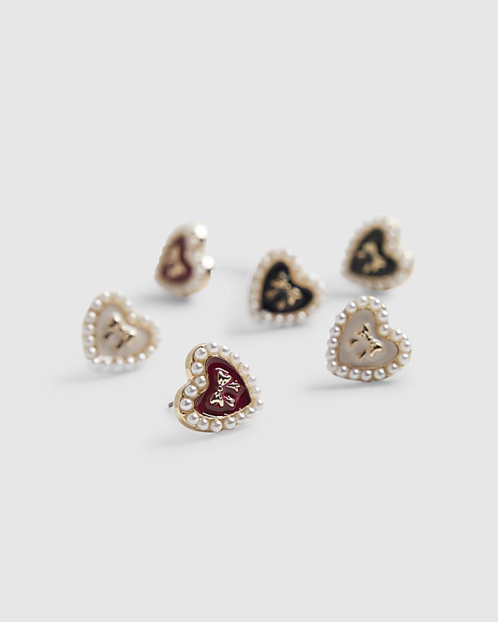 Girls Red Heart Bow Stud Earrings Pack of 3