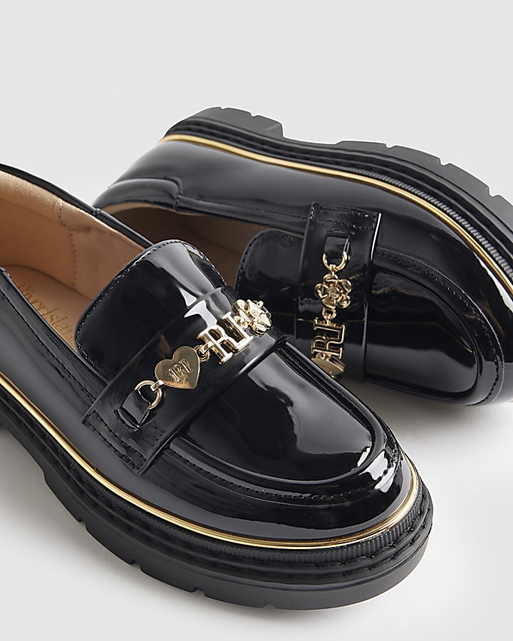 Girls Black Patent Flower Chain Loafers