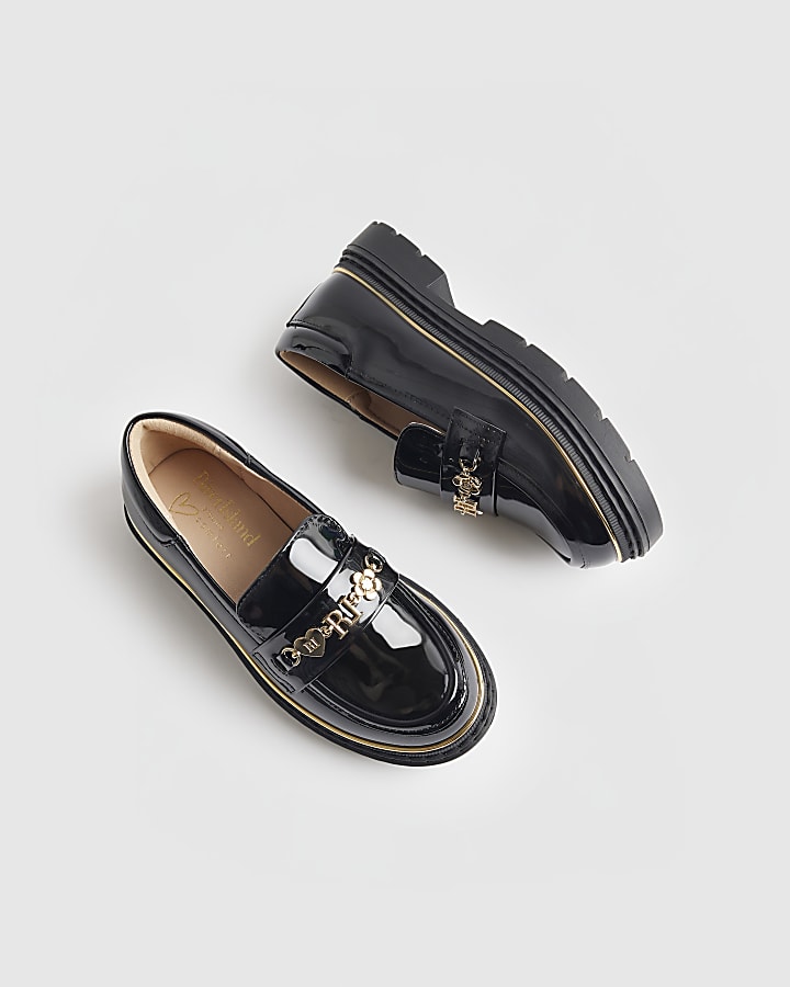 Girls Black Patent Flower Chain Loafers
