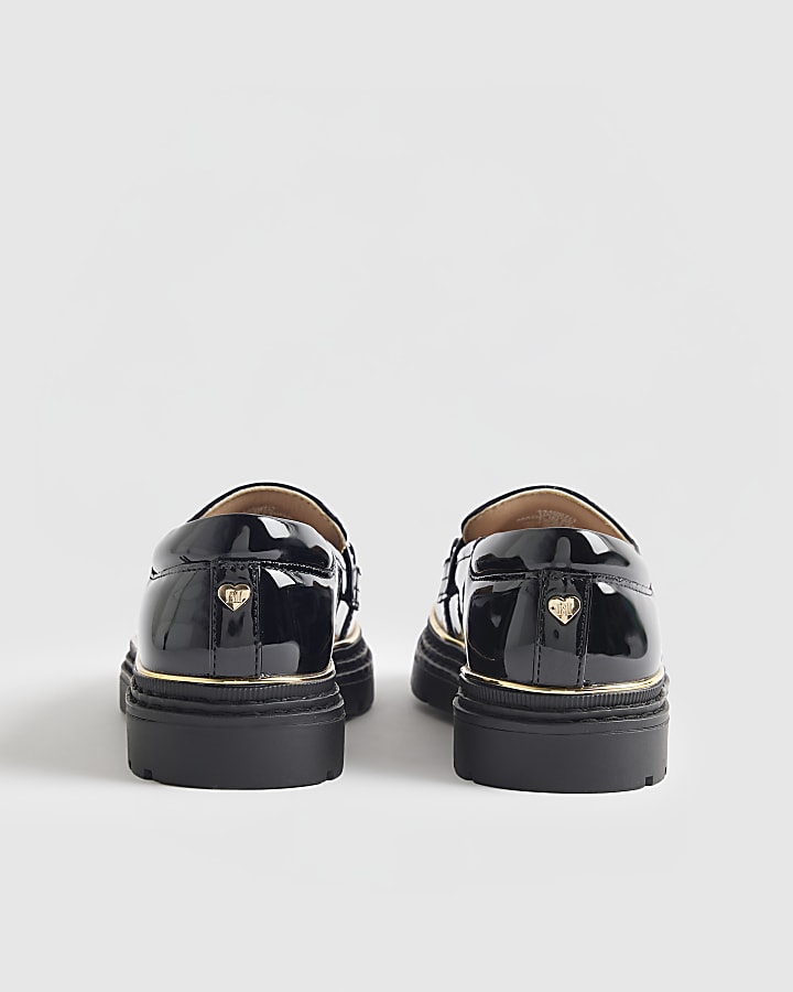 Girls Black Patent Flower Chain Loafers