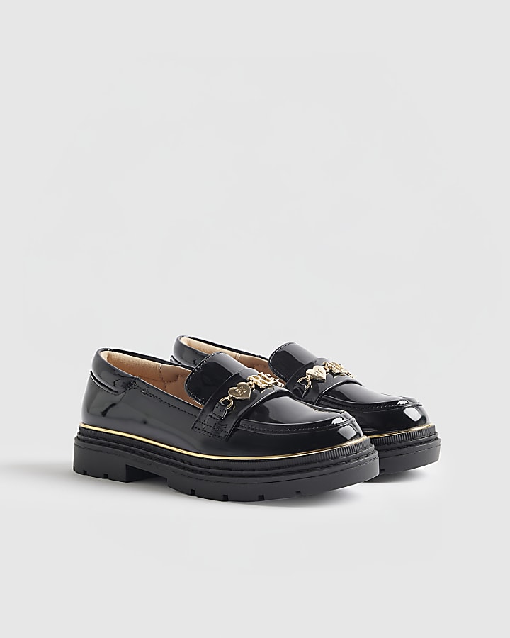 Girls Black Patent Flower Chain Loafers
