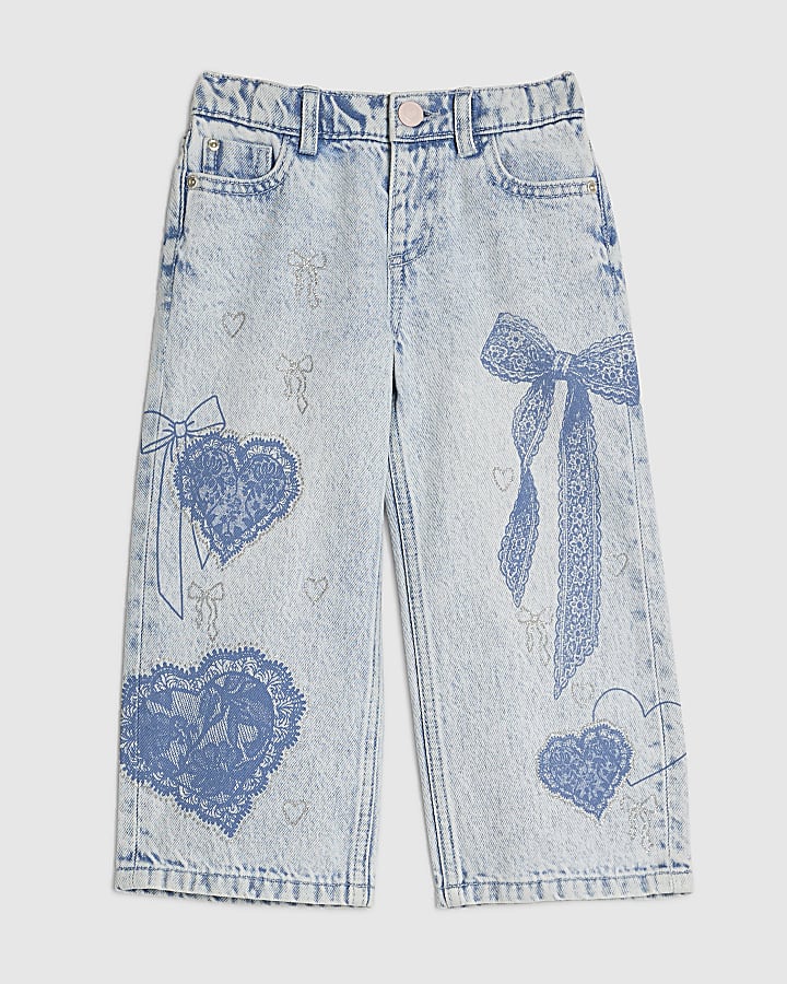 Mini Girls Bow Etched Wide Leg Jeans