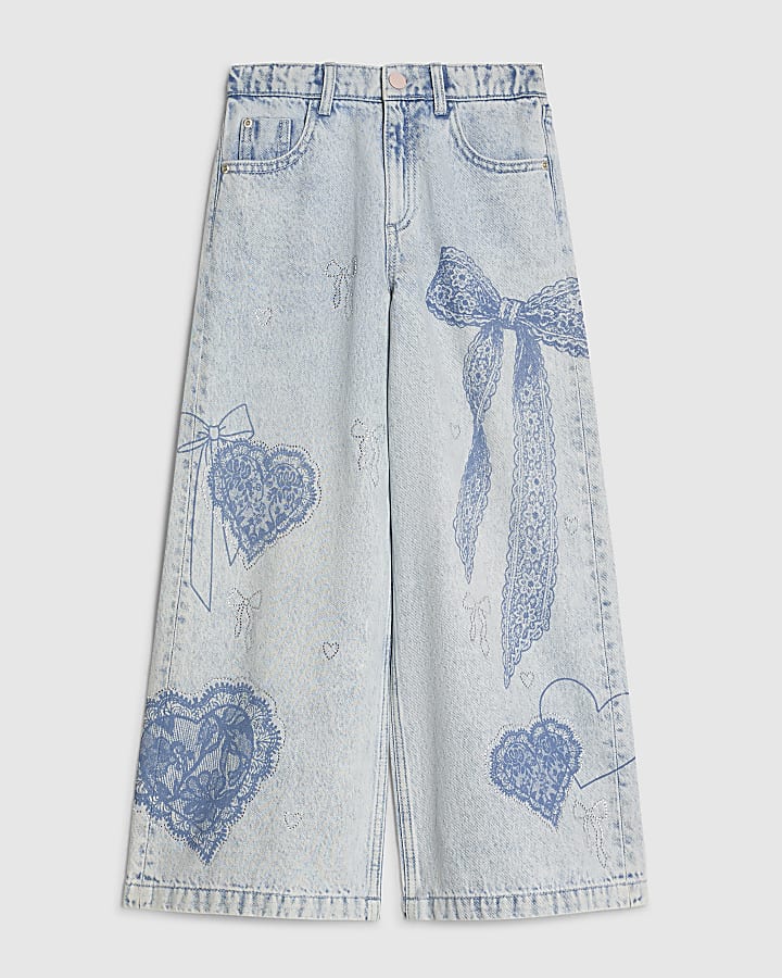 Girls Bow Etched Wide Leg Jeans