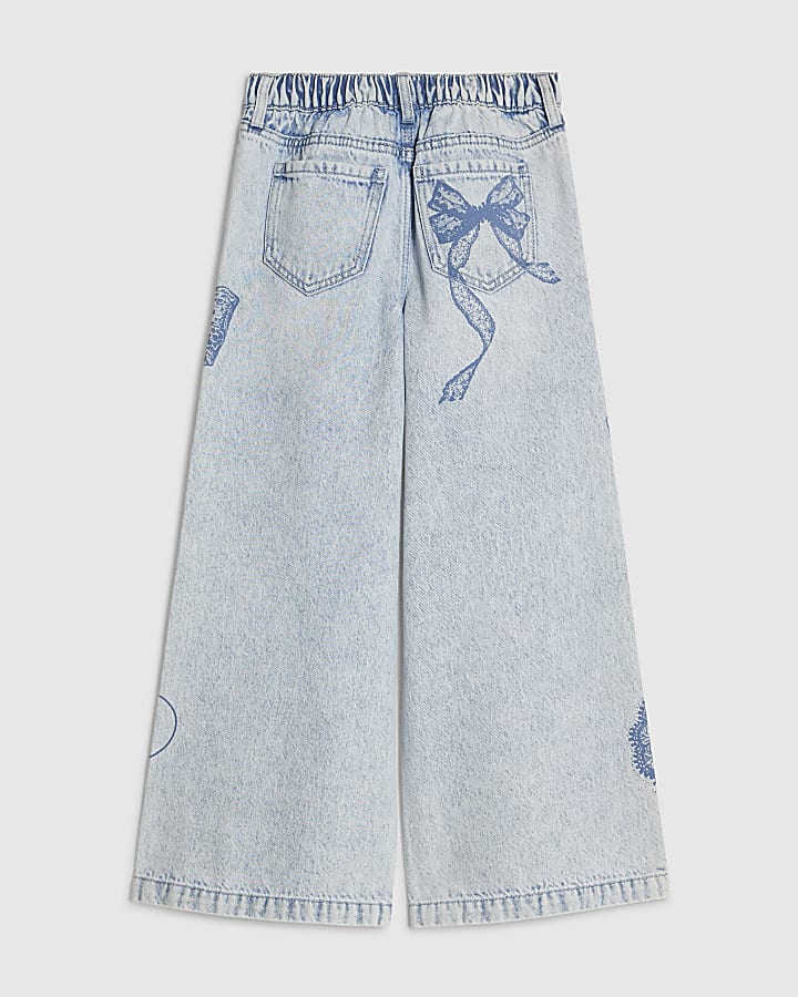Girls Bow Etched Wide Leg Jeans