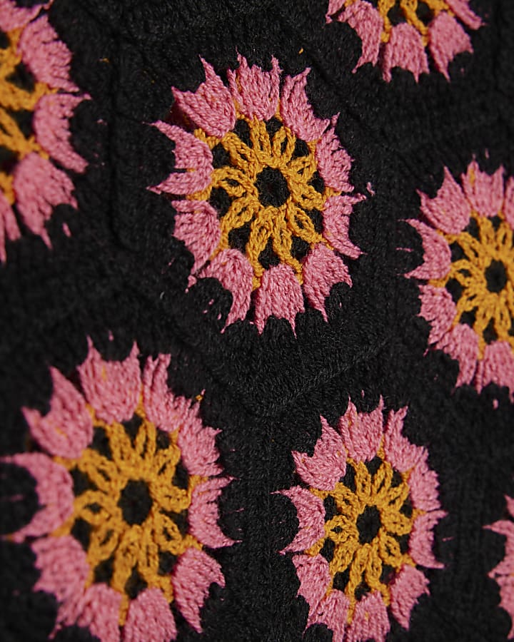 Girls Black Puff Sleeve Crochet Top