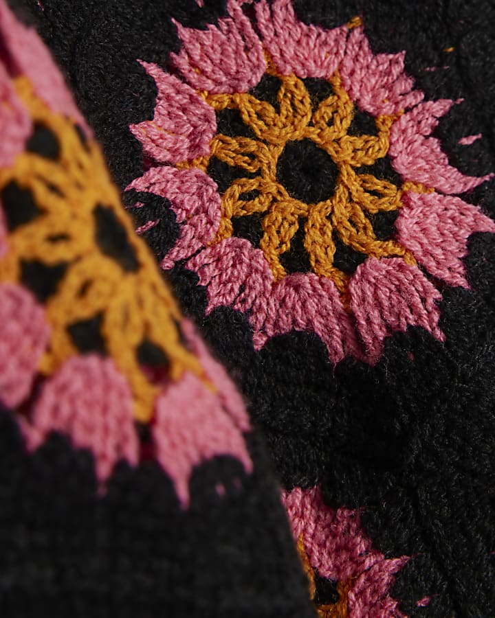 Girls Black Puff Sleeve Crochet Top