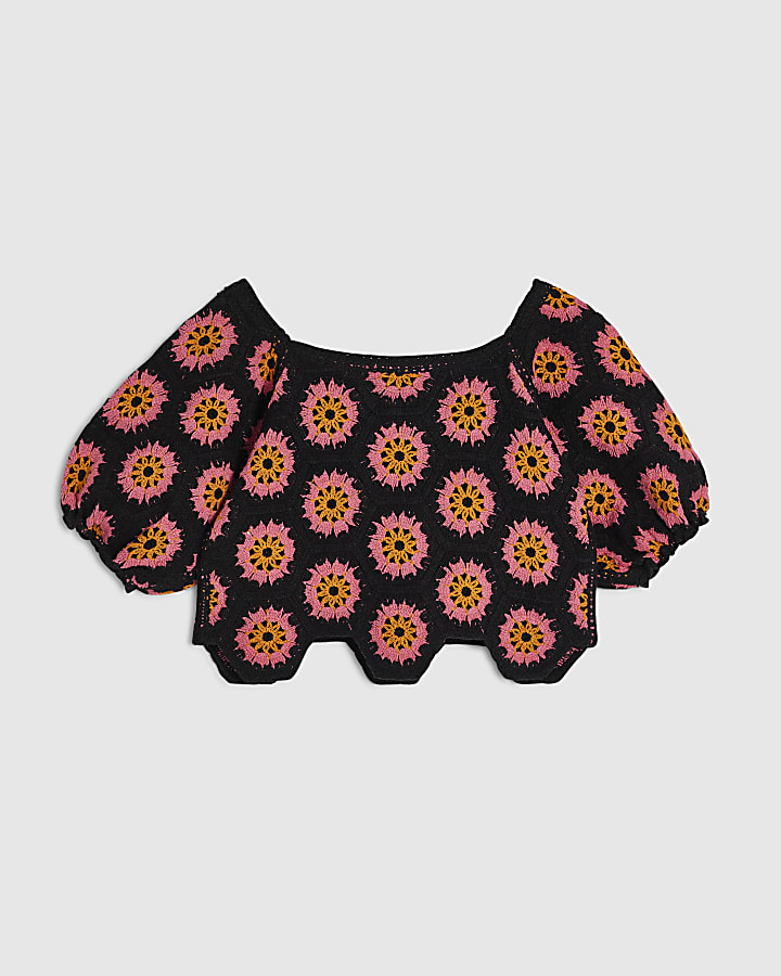 Girls Black Puff Sleeve Crochet Top