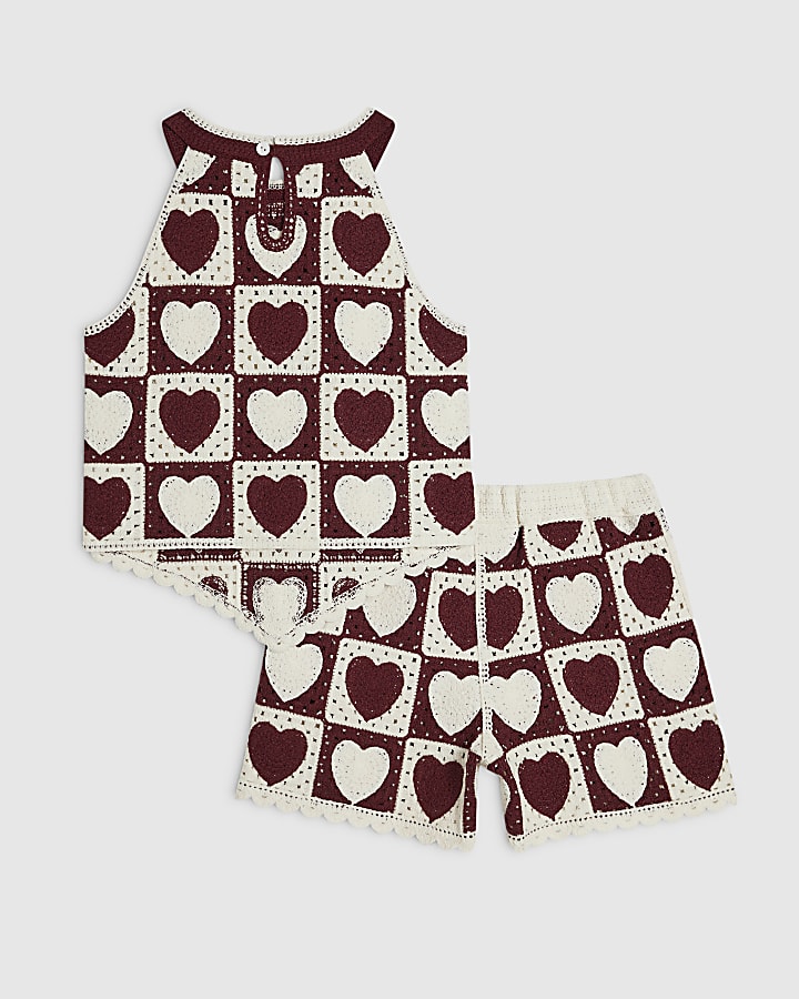 Girls Cream Heart Hanky Hem Crochet Top Set
