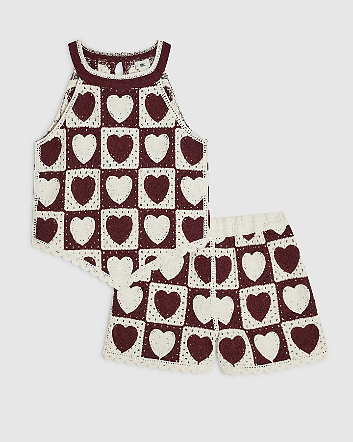 Girls Cream Heart Hanky Hem Crochet Top Set