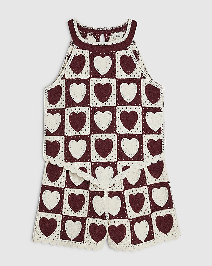 Girls Cream Heart Hanky Hem Crochet Top Set